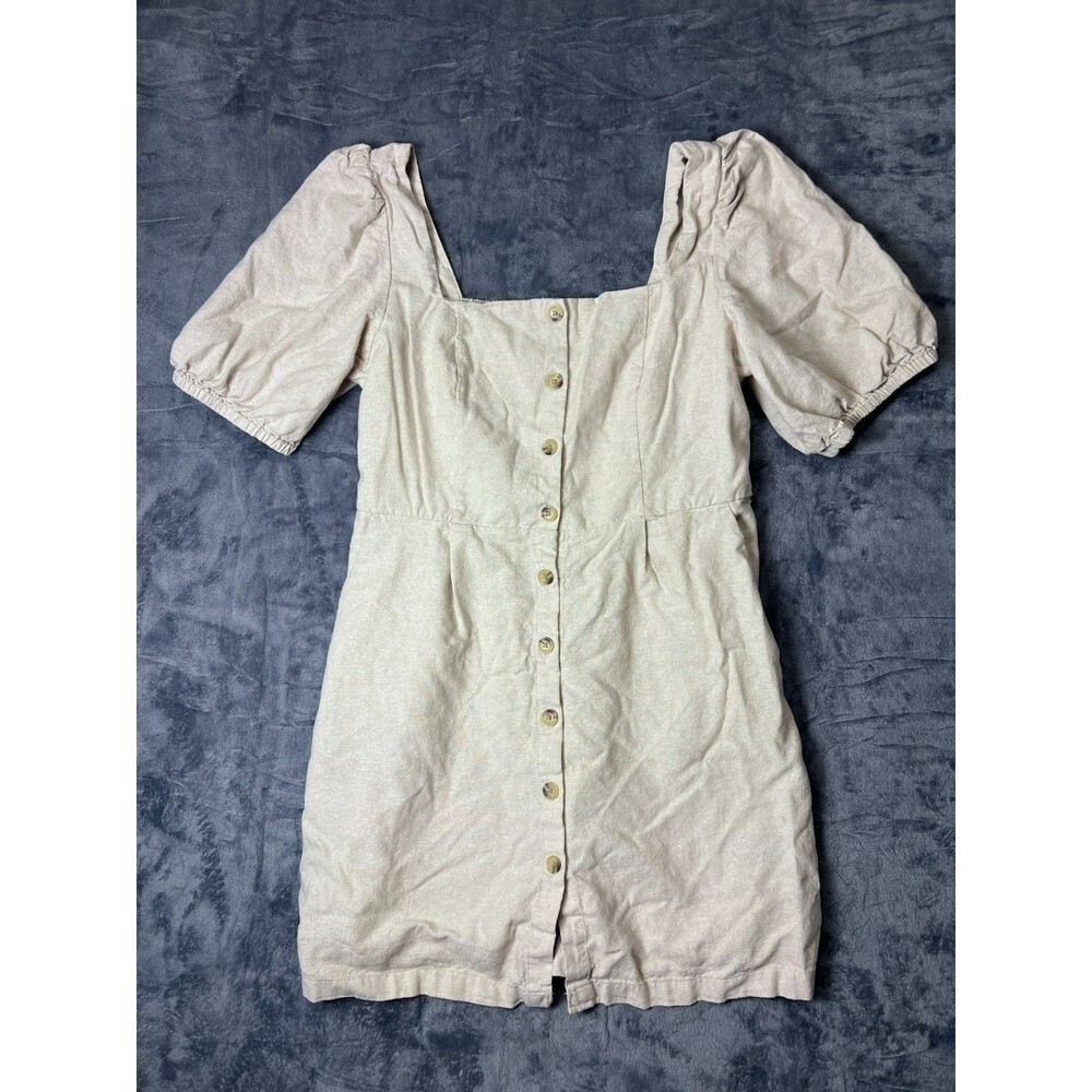 Old Navy Linen Blend Mini Dress Puff Sleeve Button Front Oat Beige Cottagecore